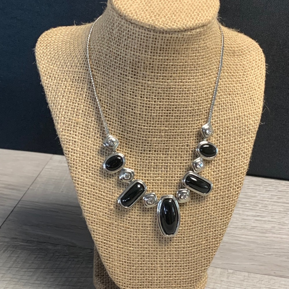 Silver Tone Black Cabochon Geometric Bib Necklace with Crystal Accents 16in